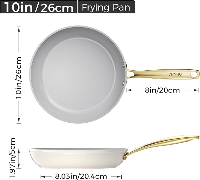 Sanho 10 Inch Nonstick Frying Pan, Diamond-Titanium Ceramic Coating PFAS/PFOA Free, Oven & Dishwasher Safe Skillet, Induction Compatible with Cool Touch PVD Handle