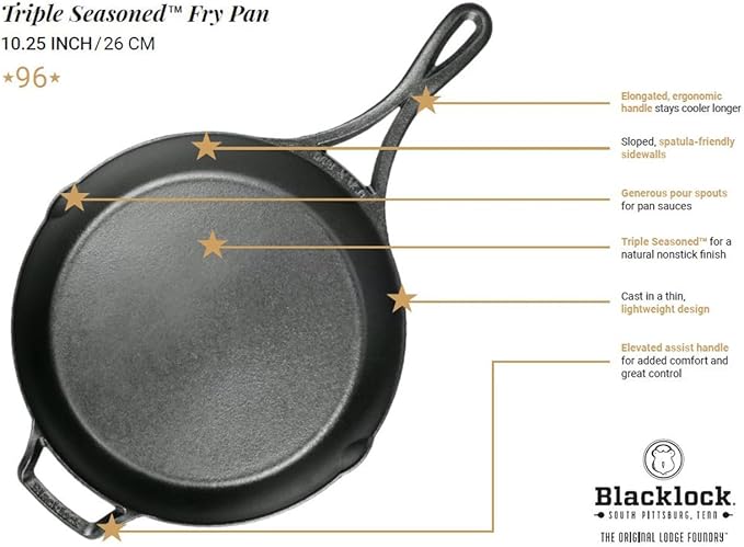 Lodge Blacklock 10.25" Triple Seasoned Cast Iron Skillet - Lightweight - Easy Cleanup - Premium Cookware