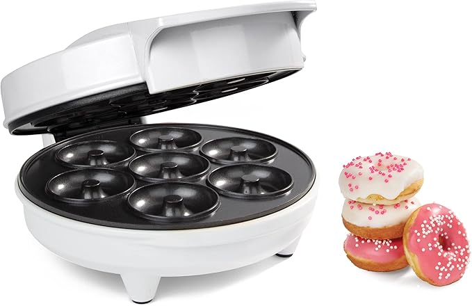 Mini Donut Maker- Electric NonStick Surface Makes 7 Small Doughnuts- Decorate Frost Ice Your Own for Kid Friendly Baked Dessert Treat- Cooking Activity for Adults, Easy Bake Gift, Galentine Brunch Fun