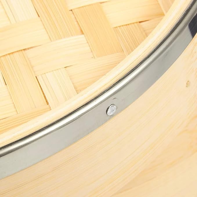 Juvale 2-Tier Steamer Pot Insert with Steel Rings - 10" x 6.5", Beige - Bamboo & Steel Stackable Basket for Rice & Dumpling Steamer for Vegetables