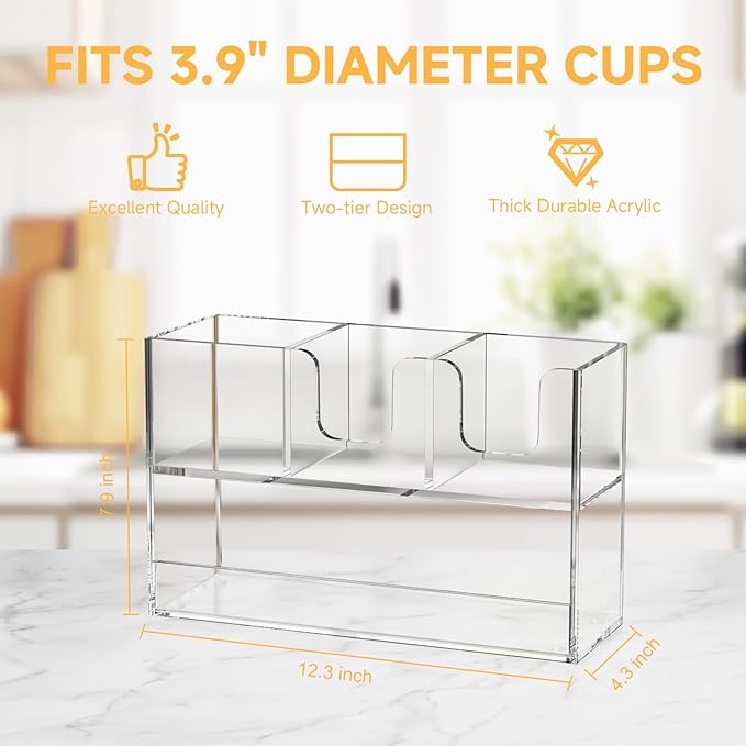 Coffee Condiment and Cup Organizer - 2-Tier Upright Cup and Lid Holder with Straw Organizer 4 Compartments Clear Acrylic Cup Dispenser for Restaurant Breakroom Coffee Station Countertop