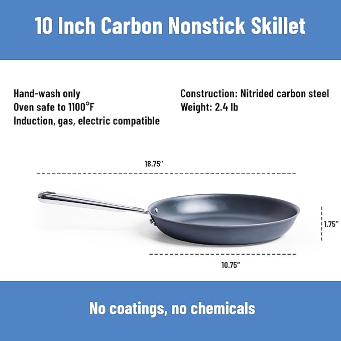Misen Carbon Nonstick™ Frying Pan – Carbon Steel Pan, Naturally Nonstick No-Coating Surface, Ultra-Durable & Oven-Safe, Induction & Gas Compatible - 10 Inch