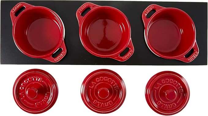Staub Ceramic 3-pc Mini Round Cocotte Set with Stand - Cherry