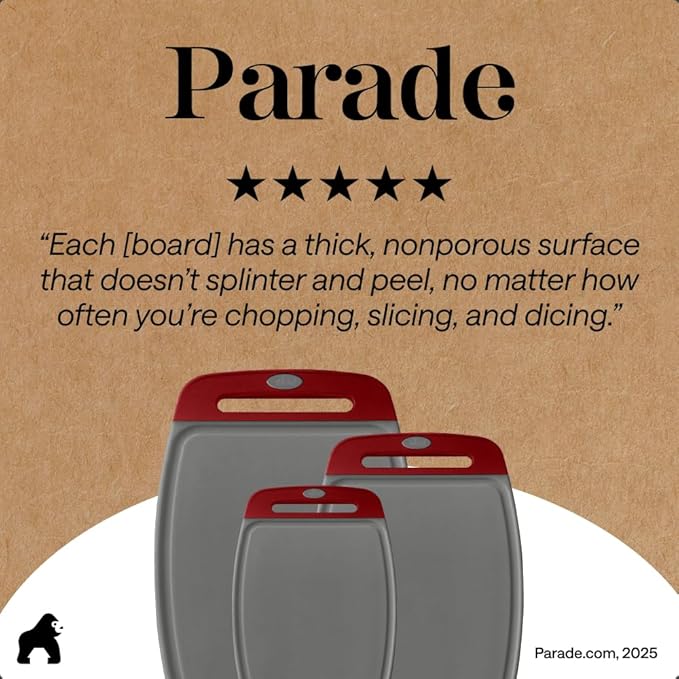 GORILLA GRIP BPA-Free Reversible Kitchen Cutting Board Set of 3, US Designed, Nonporous, Juice Grooves Catch Liquid, Slip Resistant Border, Dishwasher Safe, Durable Large Food Chopping Boards,Gray Red