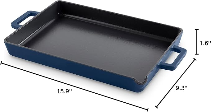 DASH Zakarian by Dash 9"x13" Nonstick Cast Iron Pan with Pour Spout and Removable Silicone Grips for Searing, Baking, Broiling, Grilling and more - Blue