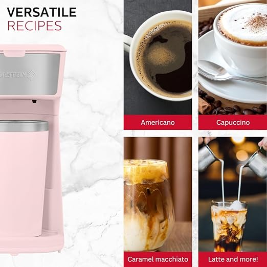 Holstein Housewares Personal Coffee Maker with 14oz Travel Mug – Compact One-Touch Brew Machine with Reusable Filter, Auto Shut-Off, Non-Stick Plate, Ideal for Home, Office, or Dorm. Pink