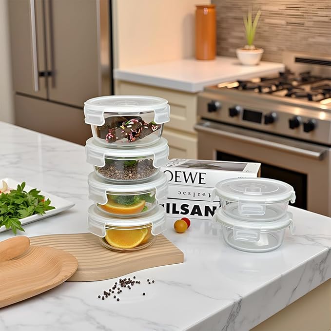 Small Round Glass Food Storage Containers With Lids, 1.5 Cup Round Meal Prep Bowls With Lids BPA-Free, Airtight Small Glass Food Containers for Microwave, Dishwasher, Freezer Safe-(4 pack)