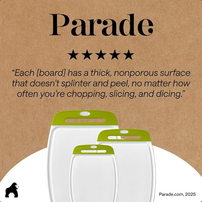 GORILLA GRIP BPA-Free Reversible Kitchen Cutting Board Set of 3, US Designed, Nonporous, Juice Grooves Catch Liquid, Slip Resistant Border, Dishwasher Safe, Durable Food Chopping Boards, Lime Green
