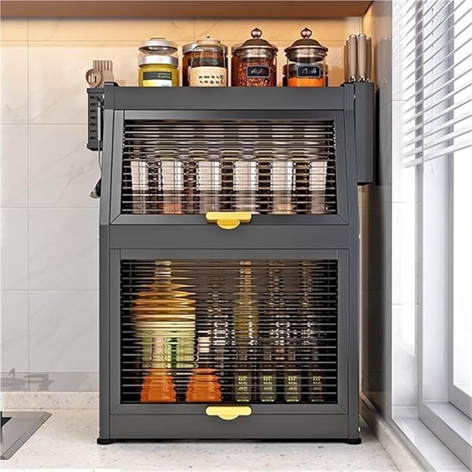 Modern Countertop Storage Cabinet with Acrylic Doors, Multi-Layer Metal Spice Organizer Rack with Knife Holder, Utensil Cage, Hooks, Compact Kitchen Dish Cabinet(Black,16.1 X 8.5IN X 22.4IN)