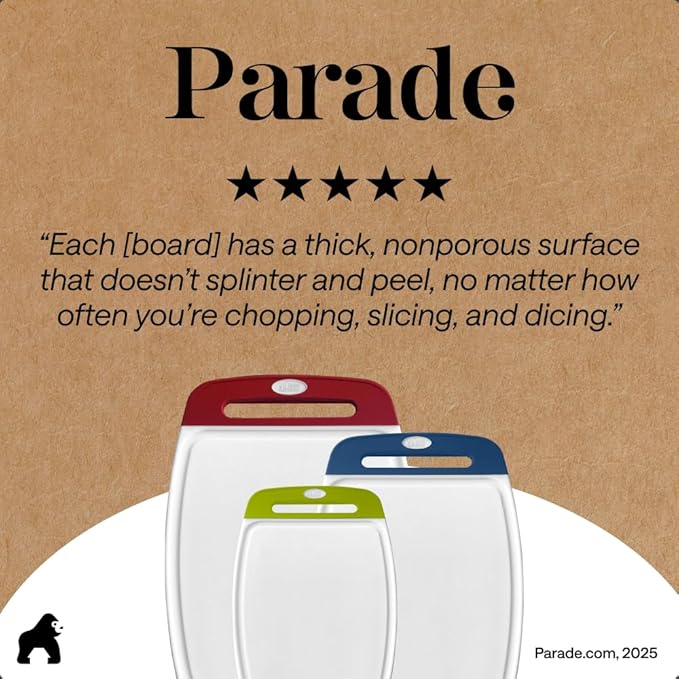 GORILLA GRIP BPA-Free Reversible Kitchen Cutting Board Set of 3, US Designed, Nonporous, Juice Grooves Catch Liquid, Slip Resistant Border, Dishwasher Safe Large Food Chopping Boards, Red Blue Green