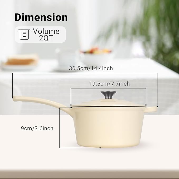 Enameled Cast Iron Sauce Pan, 2 Quarts Round Sauce Pot with Lid, Mini Dutch Oven Enamel Saucepan for Cooking Pasta Sauce, Marinate, Cook, Refrigerate and Serve, Cream White