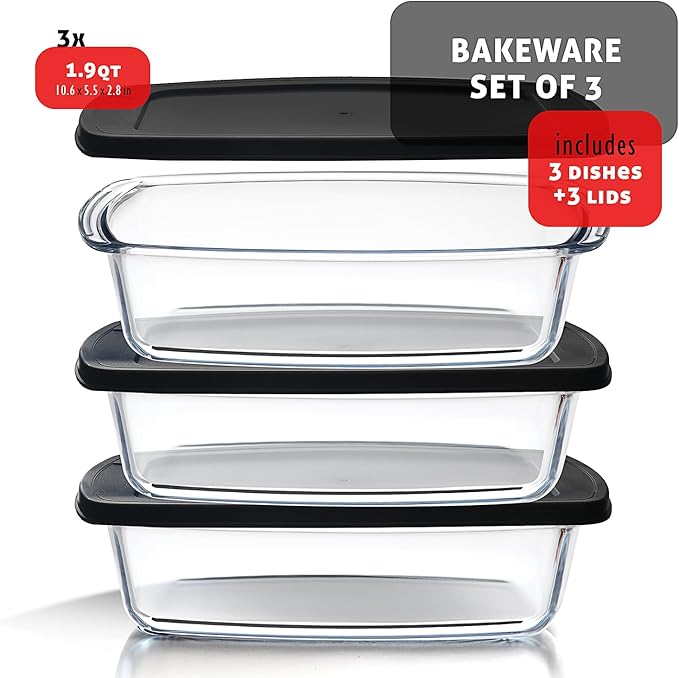Nestl Set of 3 Glass Bread Loaf Pans for Baking Bread Pans for Homemade Breads, Glass Food Storage Containers with Lids, Glass Baking Dishes for Oven, Pound Cake Pan, Loaf Pan, 1.9 Quart