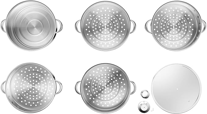 5-Tier Steamer Pot, 304 Stainless Steel Food Steamer with 4 Steaming Grids & 11.02 inch Bottom Cooking Pot, Stackable Steaming Pots Steam Cooker Cookware, Used for Cooking Dumplings, Steamed Buns