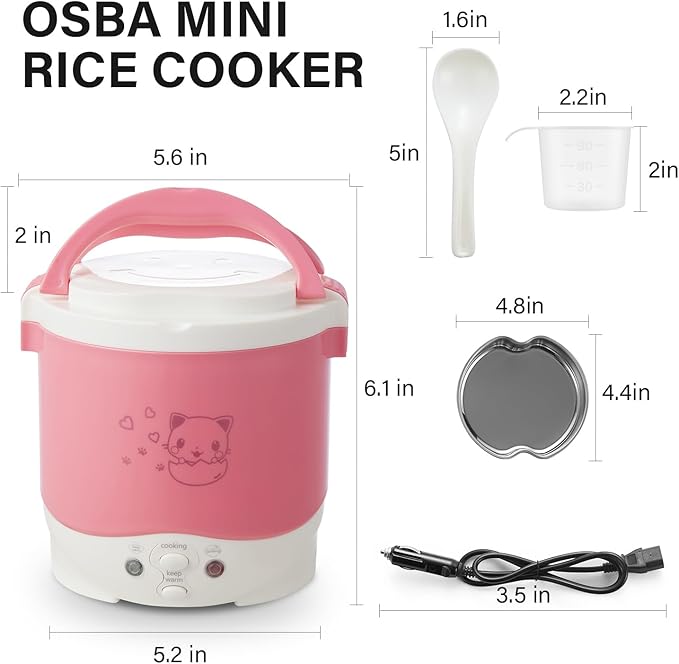 OSBA Small Rice Cooker,12v Portable Travel Rice Cooker For Car, Cooking Heating and Keeping Warm Function, Can be Used As a Electric Lunch Box (Pink)