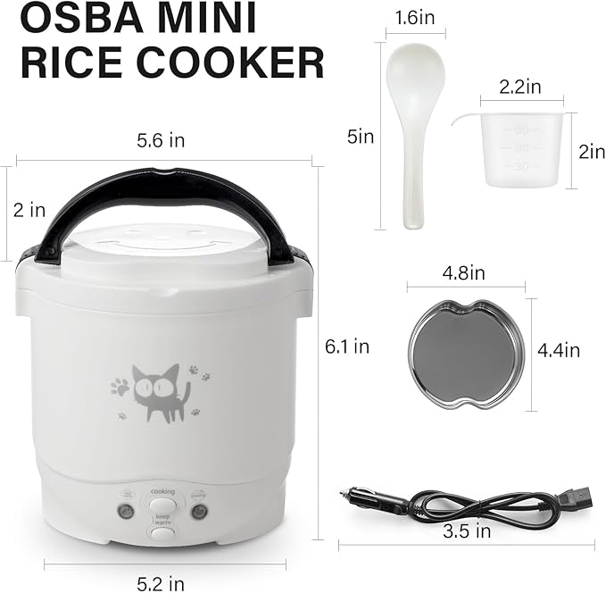 OSBA Mini Rice Cooker, 1L Small Rice Cooker 2 Cup-uncooked Travel Rice Maker 12V for Car with Steamer, Auto Keep Warm Suitable For 1-2 People, White