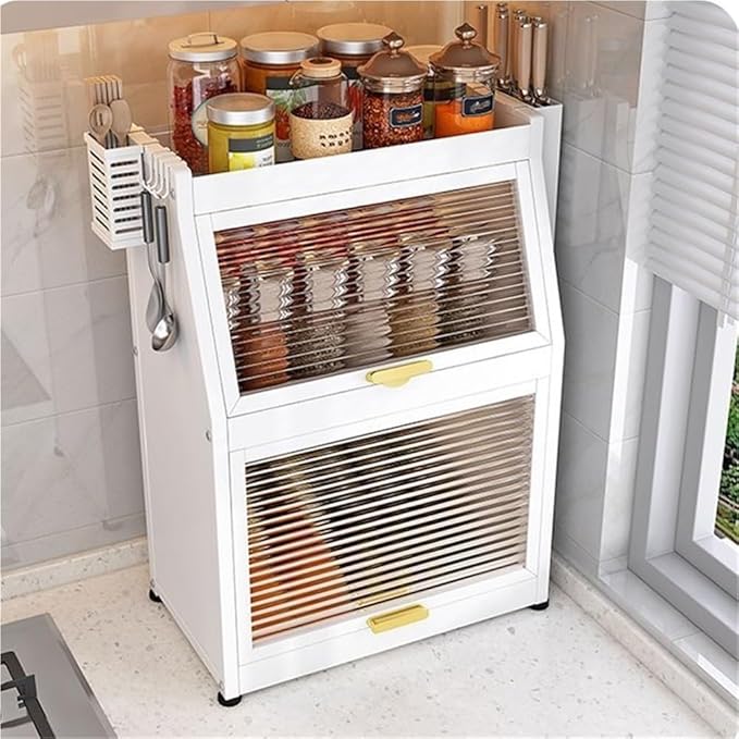 Modern Countertop Storage Cabinet with Acrylic Doors, Multi-Layer Metal Spice Organizer Rack with Knife Holder, Utensil Cage, Hooks, Compact Kitchen Dish Cabinet(White,16.1 X 8.5IN X 22.4IN)