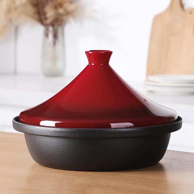 Moroccan Tagine for Cooking: Enameled Cast Iron Cooking Pot, Slow Cooker, Classic Kitchen Cookware, Tajine with Ceramic Cone-Shaped Closed Lid, 3.3 QT, Red