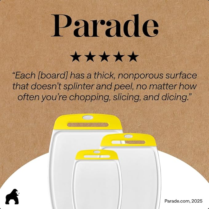 GORILLA GRIP BPA-Free Reversible Kitchen Cutting Board Set of 3, US Designed, Nonporous, Juice Grooves Catch Liquid, Slip Resistant Border, Dishwasher Safe, Durable Large Food Chopping Boards, Yellow
