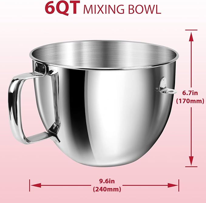 6QT Stainless Steel Mixer Bowl with Handle Compatible with KitchenAid Bowl Lift Stand Mixers KD2661, KL26M, KP26M1, KP26M8, KP26N9, KV25G, KV25M. Food Grade Mixing Bowl for 6QT Kitchen Aid Lift Mixers