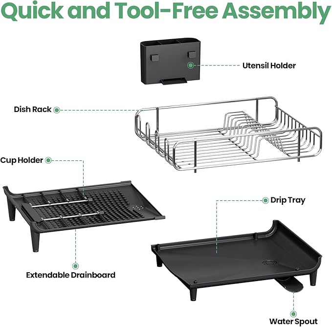 TOOLF Dish Drying Rack - Large Expandable Dish Rack for Kitchen Counter, Stainless Steel Dish Drainer for Kitchen Organization with Cutlery & Cup Holder, Black