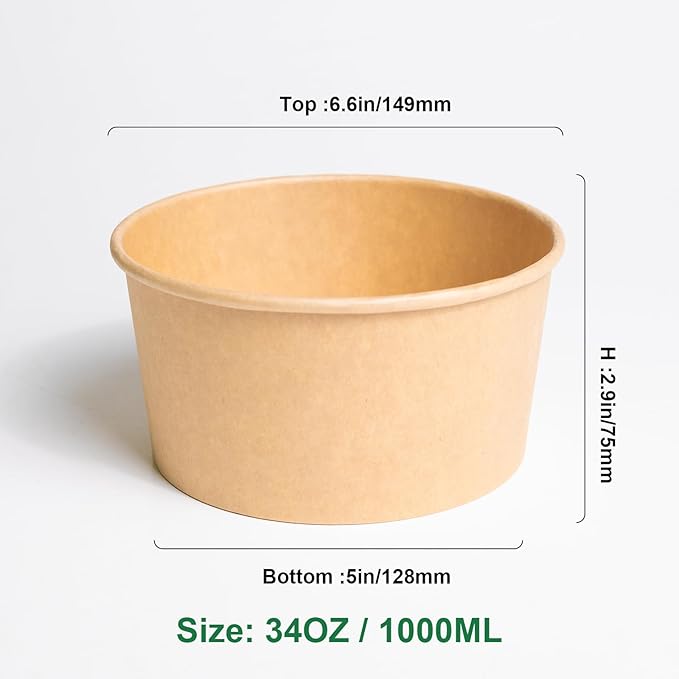 74 Pk Disposable Paper Round Bowls【No Lid】 34 oz, Microwave Deli Containers Leakproof, Salad Dressing Container for Lunch, Sturdy for Soup Toppings Snack Camping Family