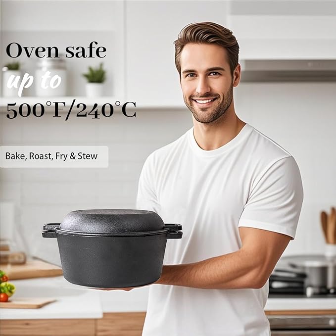 Cast Iron Pot with Lid, 10 Inch Dutch Oven Pot with Lid & Skillet Lid, 2-in-1 Pot & Pan Set for Bread Baking, Camping, Frying & Outdoor Cooking