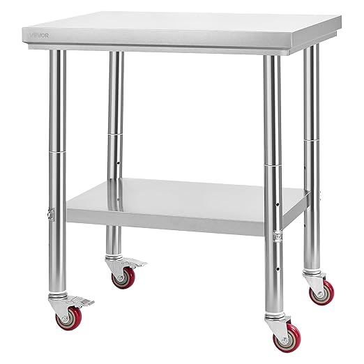 VEVOR Stainless Steel Table, 24 x 30 Inches Food Prep Worktable with Wheels, Kitchen Prep Table with Adjustable Undershelf Workstations for Commercial Kitchen, Restaurant, Hotel and Garage, Outdoor