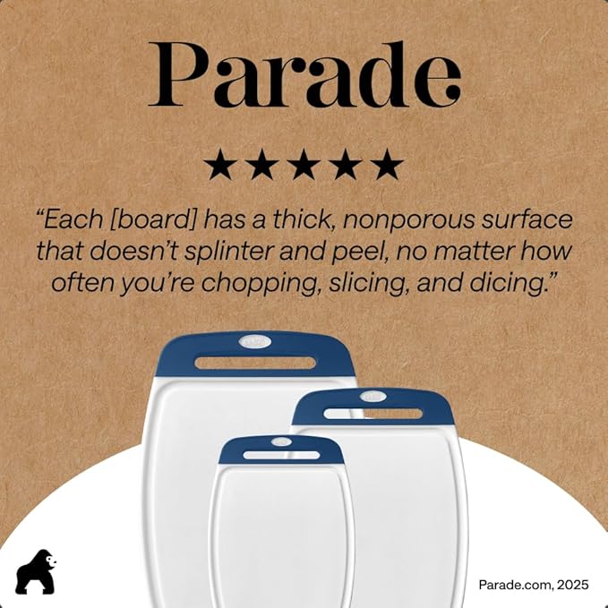 GORILLA GRIP BPA-Free Reversible Kitchen Cutting Board Set of 3, US Designed, Nonporous, Juice Grooves Catch Liquid, Slip Resistant Border, Dishwasher Safe, Durable Large Food Chopping Boards, Blue