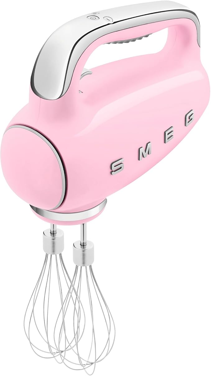 SMEG Pink 50's Retro Style Electric Hand Mixer with Set of Dough Hooks, Set of Beaters, and Set of Whisks