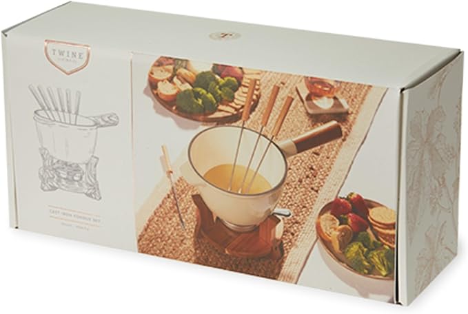 Twine Farmhouse Kitchen Enamel Cast Iron Set Cheese Melting Fondue Pot Metal Stainless Steel Forks and Wood Stand, Beige Set of 1