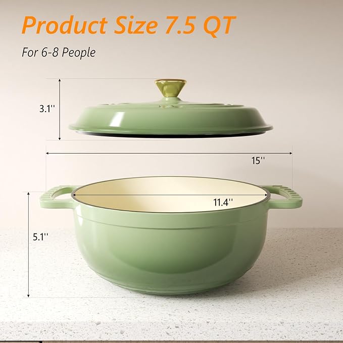 ROVSUN Enameled Cast Iron Round Dutch Oven, 7.5QT Pot with Lid &Dual Handles with Silicone Gloves,Oven Safe up to 500°F, Heavy-Duty Pre-Seasoned Cookware for Bread Baking, Braising, Stews, Roasting, Sage Green