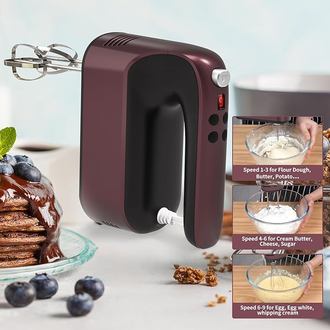 9-Speed Digital Hand Mixer Electric, 400W Powerful DC Motor, Hand Mixer Electric Handheld with Snap-On Storage Case, 5 Stainless Steel Accessories, Beaters, Dough Hooks, Whisk(Grape Purple)