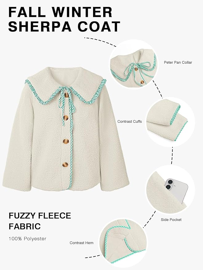 Tankaneo Womens Fuzzy Fleece Jacket Peter Pan Collar Button Down Fall Winter Sherpa Coats Colorblock Cute Warm Outerwear