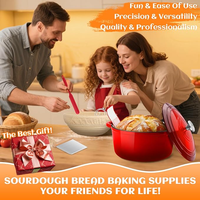 Enameled Cast Iron Dutch Oven Pot with Lid, Incl. Sourdough Bread Baking Supplies Like Banneton Bread Proofing Basket, Starter Jar, Bread Lame, 5QT Dutch Oven for Bread Baking, Oven Safe up to 500°F