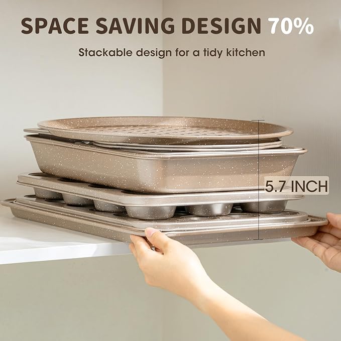 10-Piece Baking Pans Set, Bakeware Sets Nonstick, Baking Set for Oven Cooking, Stackable Carbon Steel Pans Include Cookie Sheets, Muffin Pan, Cake Pan, Pizza Pan, Loaf Pan, Roasting Pan, Gold