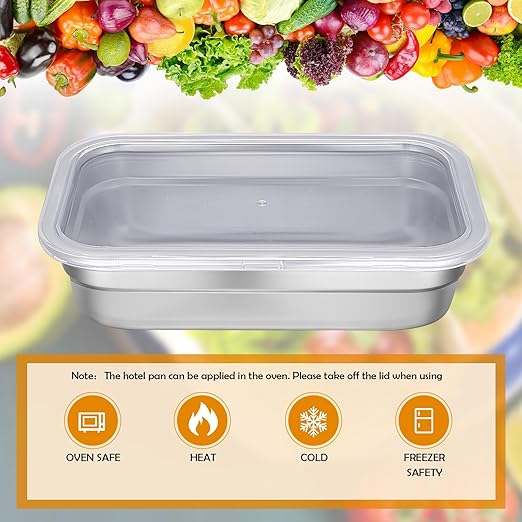 8 Pcs 304 Stainless Steel Food Storage Containers with Lid Hotel Pans for Kitchen Home Catering Food Prep Restaurant Buffet Hotel(2.5 Inch Deep)