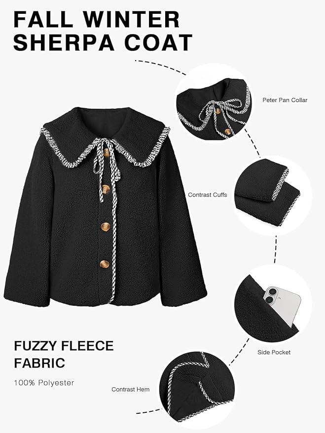 Tankaneo Womens Fuzzy Fleece Jacket Peter Pan Collar Button Down Fall Winter Sherpa Coats Colorblock Cute Warm Outerwear