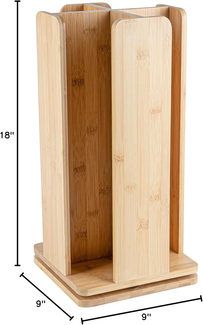 Restaurantware Restpresso 9 x 18 Inch Coffee Cup and Lid Organizer 1 Revolving Cup and Lid Holder - 4 Section Countertop Natural Bamboo Cup and Lid Dispenser For Restaurants Homes or Offices