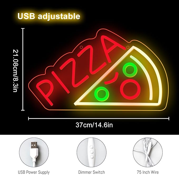 Pizza Neon Sign for Wall Decor Pizza Shaped Neon Sign for Pizzeria Food Powered Dimmable Letter Led Light Up Signs for Business Shop Restaurant Kitchen Store Party Food Decor