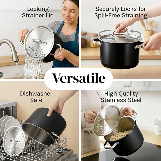 Pasta Pot with Strainer Lid - 5.5 Quart Large Spaghetti Pot - Twist & Lock for Easy Drain & No Colander Or Strainer Basket Insert Needed - Dishwasher Safe Pots