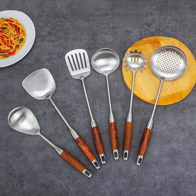 VALESKA 304 Stainless Steel Kitchen Utensils Set with Wood Handle, 6 PCS Metal Cooking Utensils Set, metal spoon,kitchen essentials, Non-Stick and Heat Resistant, Easy to Clean