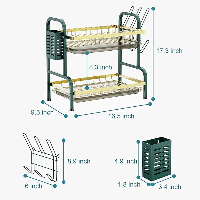 Dish Drying Rack,2 Tier Stainless Steel Dish Rack Drainboard Set,Utensil Holder, Cup Holder,Dish Drainer for Kitchen Counter,Space-Saving (Green Gold)