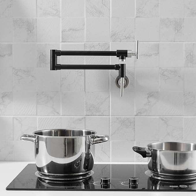 GIMILI Black and Nickel Pot Filler Commercial Wall Mount Faucet Folding Double Joint Swing Arm Pot Filler Rotatable Wall Faucet