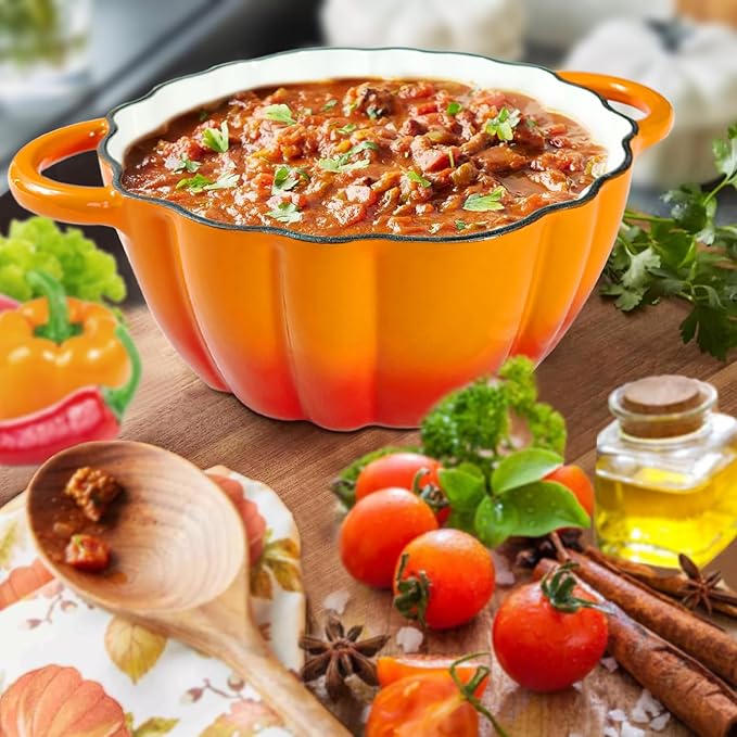 Pumpkin Enameled Cast Iron Dutch Oven with Lid, 4.5 QT Heavy Duty and Dual Handles Pot, Serves 3-5 and Oven Safe for Bread Baking, Braising, Cooking Soup and Family Gifts, Orange