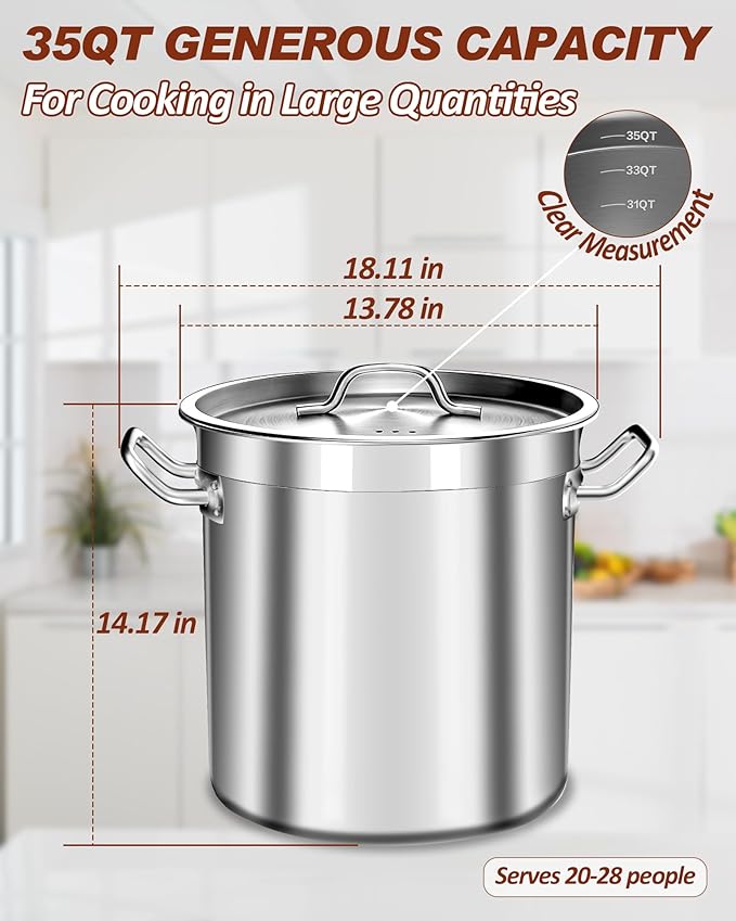 35 Quart Stainless Steel Cooking Pot - Stock Pot with Lid - Large Soup Pot for Cooking, Stew, Pozole, Pasta - Induction Compatible - Ideal for Home & Commercial Use