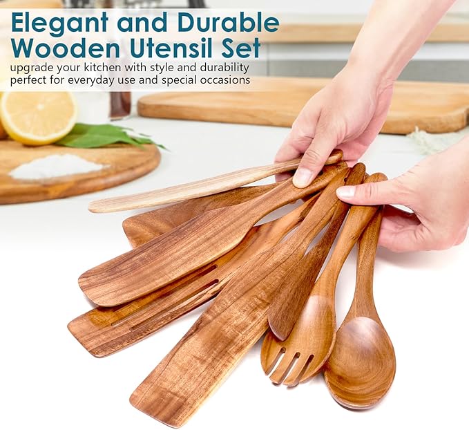 Wooden Spurtle Set for Cooking, Acacia Wood Kitchen Utensils, Premium Handmade Spurtles for Nonstick Cookware, Heat Resistant, Smooth Finish, Comfortable Grip, 8 Piece