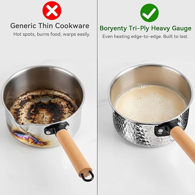 Tri-Ply Stainless Steel Saucepan with Lid, 1.8 Quart - Heavy-Gauge Hammered Exterior, Smooth Interior Milk Pot. Induction Ready Cookware for Ramen, Sauces, Noodles. Stay-Cool Wood Handle