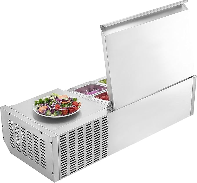 VEVOR Refrigerated Condiment Prep Station, 120 W Countertop Refrigerated Condiment Station, with One 1/3 Pan & Four 1/6 Pans, 304 Stainless Body and PC Lid, Sandwich Prep Table with Stainless Guard