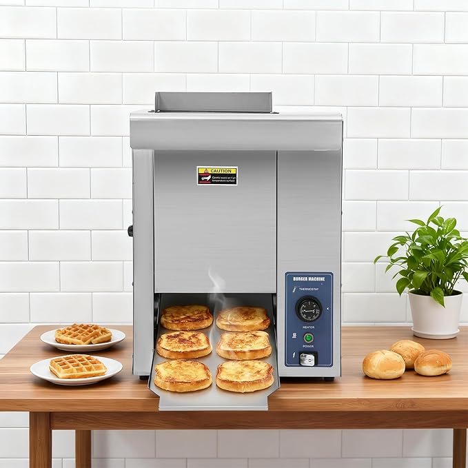 Commercial Burger Buns Toaster, Silver Electric Vertical Burger Bread Baking Machine, 2000w Hamburger Baking Machine with Adjustable Thickness/Temperature for Kitchen Restaurant Hotel