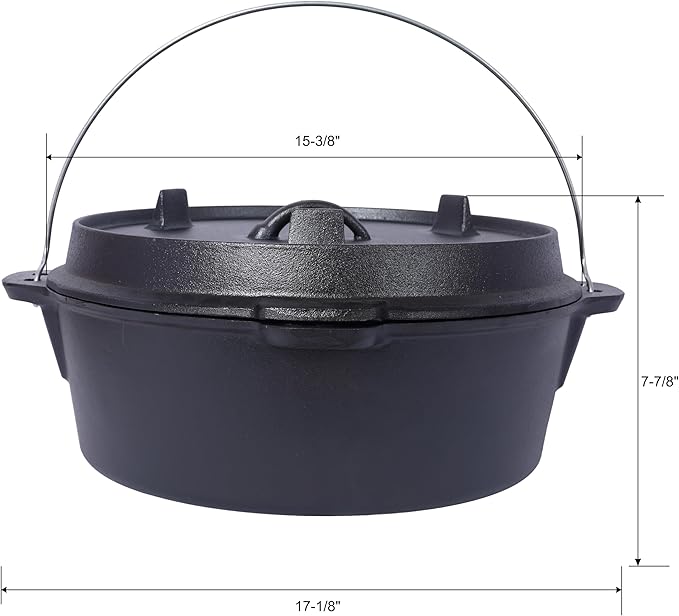 12 Quart Camping Dutch Oven, Pre-Seasoned Cast Iron Camp Dutch Oven Pot With Skillet Lid, for Use in the Oven, on the Stove, Grill, or over the Campfire - Metal Handle, Lid Lifter, and Stand Support
